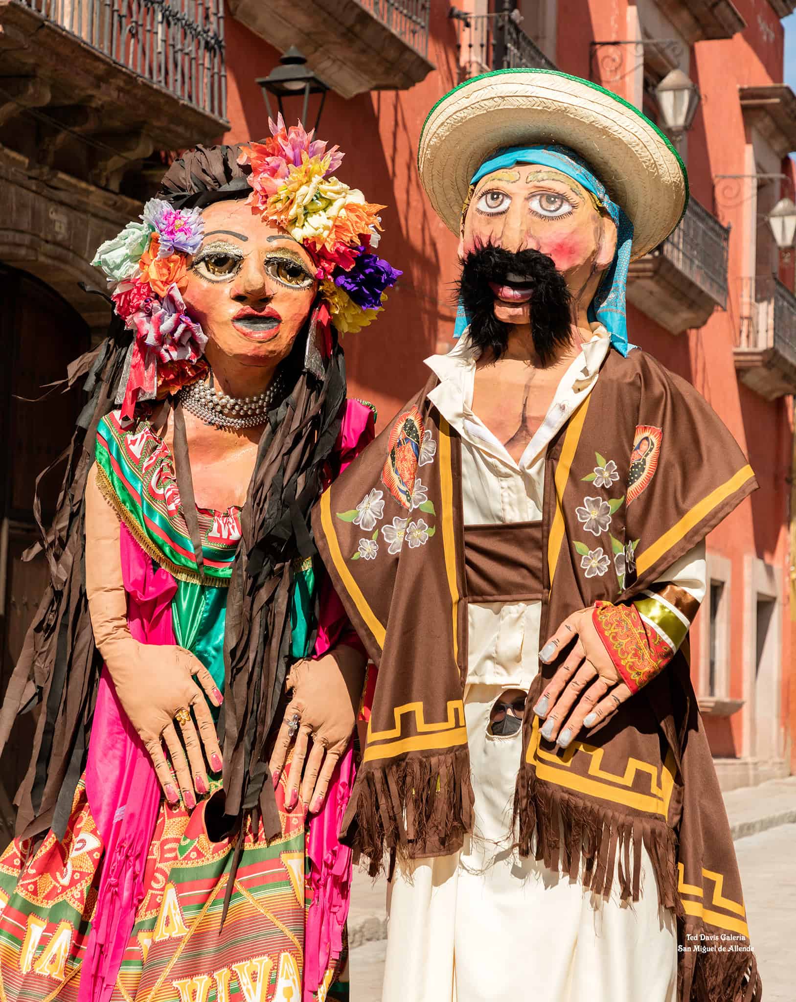 Festive Mexican masks worn for cultural and traditional celebrations in San Miguel de Allende.