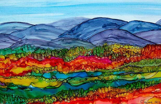 Colorful watercolor landscape featuring San Miguel de Allende's mountains, trees, and valleys in vivid shades.